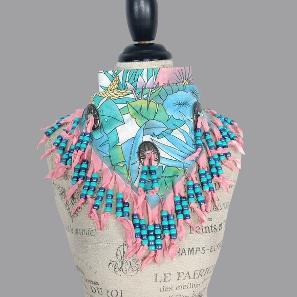 Vintage Accessories - Vintage Neckerchief Western Bandana Pink Bead Medallion